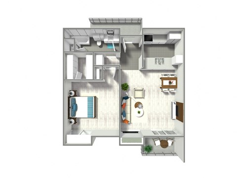 A floor plan of a small apartment with a kitchen, living room, and bedroom.